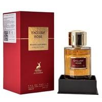 Maison Alhambra Exclusif Rose — Red box and gold-capped perfume bottle with amber liquid, displayed together on a white background.