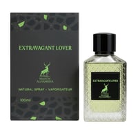 Maison Alhambra Extravagant Lover – Black box with green accents and deer logo next to a clear glass perfume bottle with a black cap and black label.