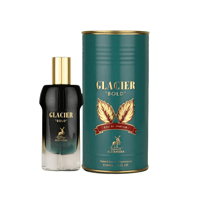 Maison Alhambra Glacier Bold by Maison Alhambra 100ml EDP — Black perfume bottle with gold cap next to a teal cylindrical box with gold accents and leaf design.