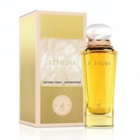 Maison Alhambra Athena Eau de Parfum 100 ml Ville Femme — Yellow perfume bottle with gold accents and a marble-patterned box, both featuring the Athena logo and text.