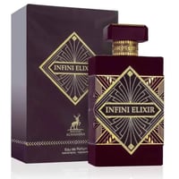 Maison Alhambra Infini Elixir — A maroon perfume bottle and its matching box, both featuring a gold geometric art deco design and the text "INFINI ELIX".