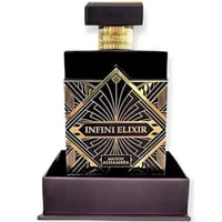 Maison Alhambra Infini Elixir — Black and gold art deco style perfume bottle with a gold cap, presented on a dark purple rectangular base.