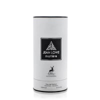Maison Alhambra Jean Lowe Matiere — White cylindrical perfume box with black trim, featuring a black label with white text and a deer logo.