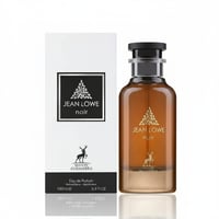 Maison Alhambra Jean Lowe Noir — A white box and a brown glass perfume bottle with a black cap, set against a white background. The box features a black label with gold leaf design and text. The bottle has a gold label with a similar design and text.