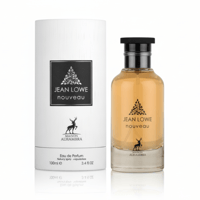 Maison Alhambra Jean Lowe Nouveau — White cylindrical box and amber glass perfume bottle with black cap, featuring deer logo and text.