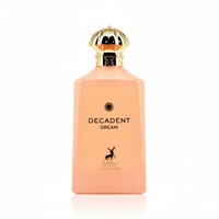 Maison Alhambra Decadent Dream — A peach-colored rectangular perfume bottle with a gold ornate cap, featuring black text 'DECADENT DREAM' and a deer silhouette logo.
