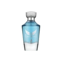 Maison Alhambra Victorioso Legend by Maison Alhambra 100 ml for Men — A clear glass perfume bottle with blue liquid, featuring a silver winged emblem and deer graphic, topped with a textured silver cap.