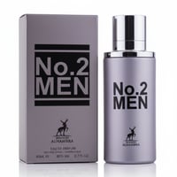 Maison Alhambra No.2 Men by Maison Alhambra 80ml EDP — Silver spray bottle and matching grey box with black text and deer logo, isolated on white.