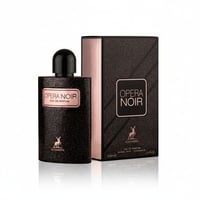 Maison Alhambra Opera Noir by Maison Alhambra 100ml EDP — Black glittery perfume bottle with a pink label and a black cap, next to its matching black and pink box, on a white reflective surface.