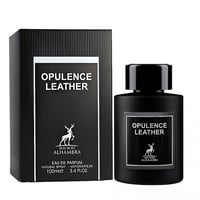 Maison Alhambra Opulence Leather — Black ribbed box and black perfume bottle with white label, featuring a deer logo.