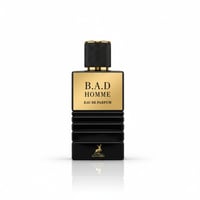 Maison Alhambra B.A.D. Homme Eau de Parfum — Botol hitam berjalur dengan penutup emas dan label emas, menampilkan logo rusa Alhambra.