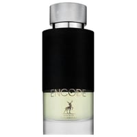 Maison Alhambra Encode By Maison Alhambra 100ml for Man — A black and silver perfume bottle with a textured black band and a silver cap. The lower part of the bottle is clear glass showing pale liquid, with a deer silhouette and text.