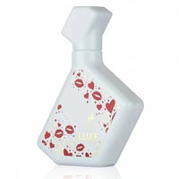 Maison Alhambra Luxe Chic by Maison Alhambra – 100 ml Women, a white perfume bottle with red and gold heart and lip designs, angled view