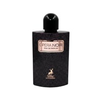 Maison Alhambra Opera Noir by Maison Alhambra 100ml EDP — Black glitter textured bottle with a black cap, gold label with 'OPERA NOIR EAU DE PARFUM' text, and a gold deer silhouette with 'MAISON ALHAMBRA' text below.