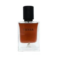 Maison Alhambra Terra — A clear glass perfume bottle with a dark amber liquid, a black cap, and the brand logo of a deer and 'MAISON ALHAMBRA' at the base.