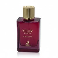 Maison Alhambra Tobacco Your Touch — Rectangular glass perfume bottle in deep red, with a gold ribbed cap. Features gold text 'YOUR TOUCH TOBACCO' and a deer logo.