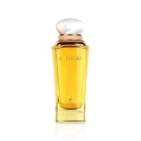 Maison Alhambra Athena Eau de Parfum 100 ml Ville Femme — A tall, clear glass perfume bottle with golden liquid, featuring the name 'ATHENA' and a deer logo, topped with a pearl-like cap and gold accents.