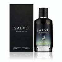 Maison Alhambra Salvo by Maison Alhambra For Him 100ml — Black box and dark glass perfume bottle with deer logo and silver cap, displayed together with reflection