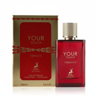 Maison Alhambra Tobacco Your Touch – Red glass perfume bottle and matching gold and red box with deer emblem, 100ml.