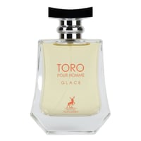 Maison Alhambra Toro Pour Homme Glace – Clear glass perfume bottle with orange text and a deer logo, silver and black cap.