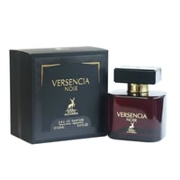Maison Alhambra Versencia Noir — A dark red glass perfume bottle with a black and gold cap, placed next to its matching black and gold box, on a white background.