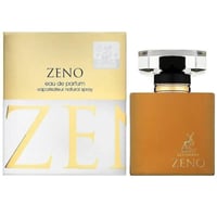 Maison Alhambra Zeno — Eau de Parfum natural spray in a golden brown bottle with a clear faceted cap, next to its gold and white box with large 'ZE' lettering.