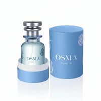Osma Fruity D Cherry & Oud 75ml EDP — Light blue perfume bottle with silver cap, placed inside a light blue cylindrical box with rose motifs, against a white background.