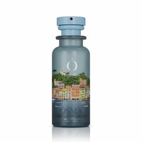 Osma Osma Portofino Summer Purity 150ml EDP — A blue glass perfume bottle with a light blue cap, featuring a scenic illustration of Portofino's colorful buildings and boats.