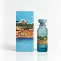 Osma Osma Portofino Summer Purity 150ml EDP — A blue box with a Portofino illustration and a matching blue frosted glass perfume bottle with a gold cap, set against a white background.