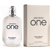 Pendora One Pendora Scents For Him — Clear glass perfume bottle with silver cap next to its cream-colored box, both featuring black text.