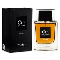 Pendora Club Intense 100ml EDP Men Paris Corner Pendora — Black box and clear glass bottle of amber colored fragrance, both featuring the "Club Intense" logo and "Homme" text.