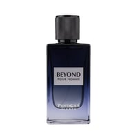 Paris Corner Beyond Pour Homme by Paris Corner 100ml EDP for Men — A rectangular glass perfume bottle with a dark blue to clear gradient, a silver label with black text reading 'BEYOND POUR HOMME', and a textured black cap.