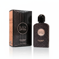Paris Corner Black Optra by Paris Corner Pendora Scents – 100 ml Women perfume bottle and box with glittery black and rose gold design.