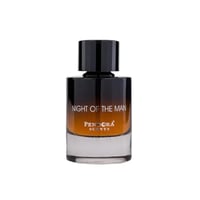 Paris Corner Night of the Man by Pendora Scents Paris 100ml — A gradient dark to amber glass perfume bottle with a black fluted cap, featuring white text 'NIGHT OF THE MAN' and 'PENDORA SCENTS'.