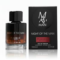 Paris Corner Night of the Man by Pendora Scents Paris 100ml — A dark glass perfume bottle with a black cap sits next to its black retail box, both featuring the 'M A MAN' logo and product details.