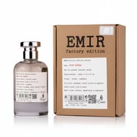 Paris Corner Rich Santal Emir by Paris Corner 100 ml — Clear glass perfume bottle with silver cap next to its brown cardboard factory edition box, showing product details.