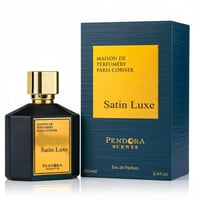 Paris Corner Satin Luxe by Paris Corner Pendora Scents 100 ml — Black faceted perfume bottle with gold cap and gold label, next to a dark blue textured box with a yellow panel.