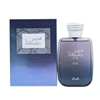 Rasasi Rasasi Hawas Ice 100ml Eau de Parfum for Men — A blue gradient box and a glass perfume bottle with a purple to blue gradient, featuring Arabic and English text.
