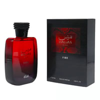 Rasasi Rasasi Hawas Fire 100ml Eau de Parfum for Men — Red gradient glass bottle with black ribbed cap next to a black textured box with a red snake-skin pattern label.