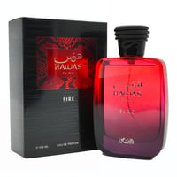 Rasasi Hawas Fire 100ml Eau de Parfum for Men — Botol kaca gradien merah dengan penutup bertekstur hitam, bersebelahan kotak bertekstur hitamnya dengan sisipan corak ular merah.