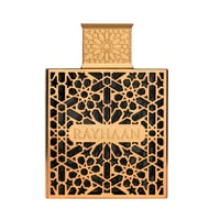 Rayhaan Rayhaan Elixir 100ml Eau de Parfum for Men — Gold ornate geometric patterned bottle with 'RAYHAAN' text in the center, on a white background.