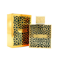 Rayhaan Rayhaan Elixir — Gold patterned box and bottle with gold patterned cap, white background