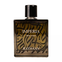 Rayhaan Imperia Collection 100ml for Man — Square glass perfume bottle with black cap, featuring Arabic calligraphy design and 'IMPERIA POUR HOMME RAYHAAN' text.