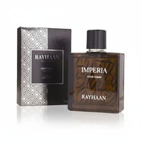 Rayhaan Rayhaan Imperia Collection 100ml for Man — A brown glass perfume bottle with a black cap and gold accents, next to its matching black and white patterned box, on a reflective white surface.