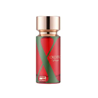 Rue Broca Exotic Paradise by Rue Broca 100ml EDP Women — A red glass perfume bottle with green 'X' design and gold cap, featuring 'EXOTIC Paradise' text and 'RUE BROCA' logo at the base.