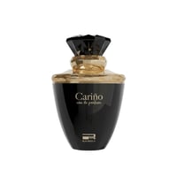 Rue Broca Carino Black Pour Femme EDP — Black glass perfume bottle with gold accents and a faceted black gem-like cap, featuring gold text 'Cariño eau de parfum' and the Rue Broca logo.