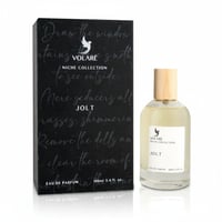Volare Jolt by Volare 100ml EDP — Kotak hitam dengan tulisan khat putih dan botol minyak wangi kaca jernih bertudung kayu, di atas latar putih.