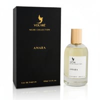 Volare Amara by Volare 100ml EDP — Black box with gold text and bird logo next to a clear glass perfume bottle with a wooden cap and white label.