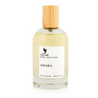 Volare Amara by Volare 100ml EDP — Clear glass perfume bottle with a light yellow liquid and a wooden cap, featuring a white label with a bird logo and the text 'VOLARÉ NICHE COLLECTION AMARA EAU DE PARFUM 100ml 3.4 fl. oz.'