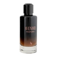 Volare Avenoir Profumo — Black gradient bottle with rose gold text and a bird emblem, clear glass base, black textured cap.